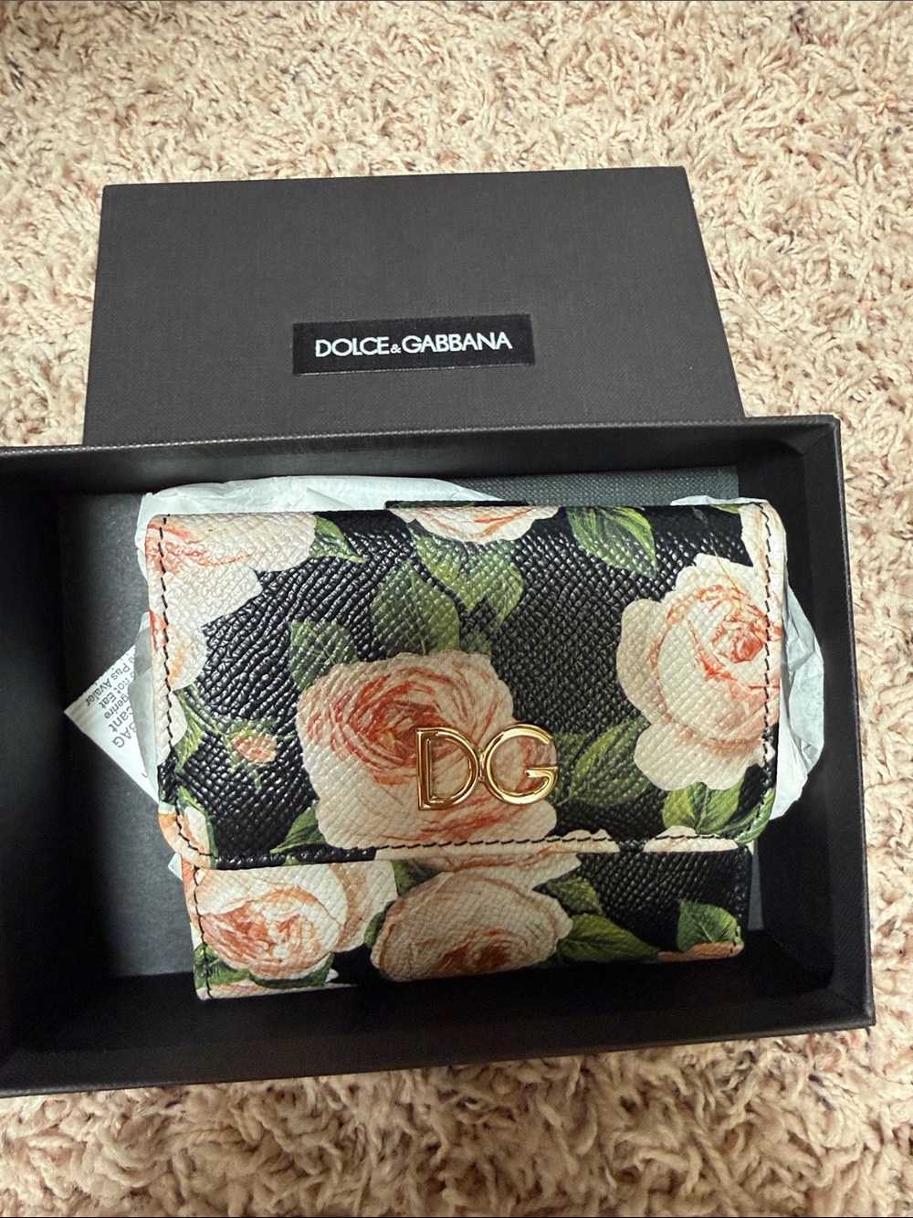 Dolce & Gabbana Black Floral Wallet with Peach Roses and Gold DG